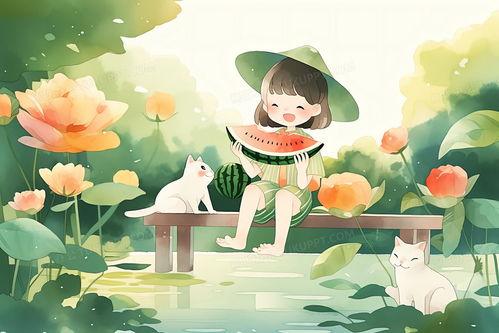 吃瓜现场插画素材下载,插画素材中的趣味瞬间